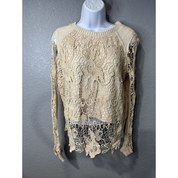 Free People Cream Long Sleeve Lace Overlay Round Neck Sweater Size XS - Picture 1 of 6